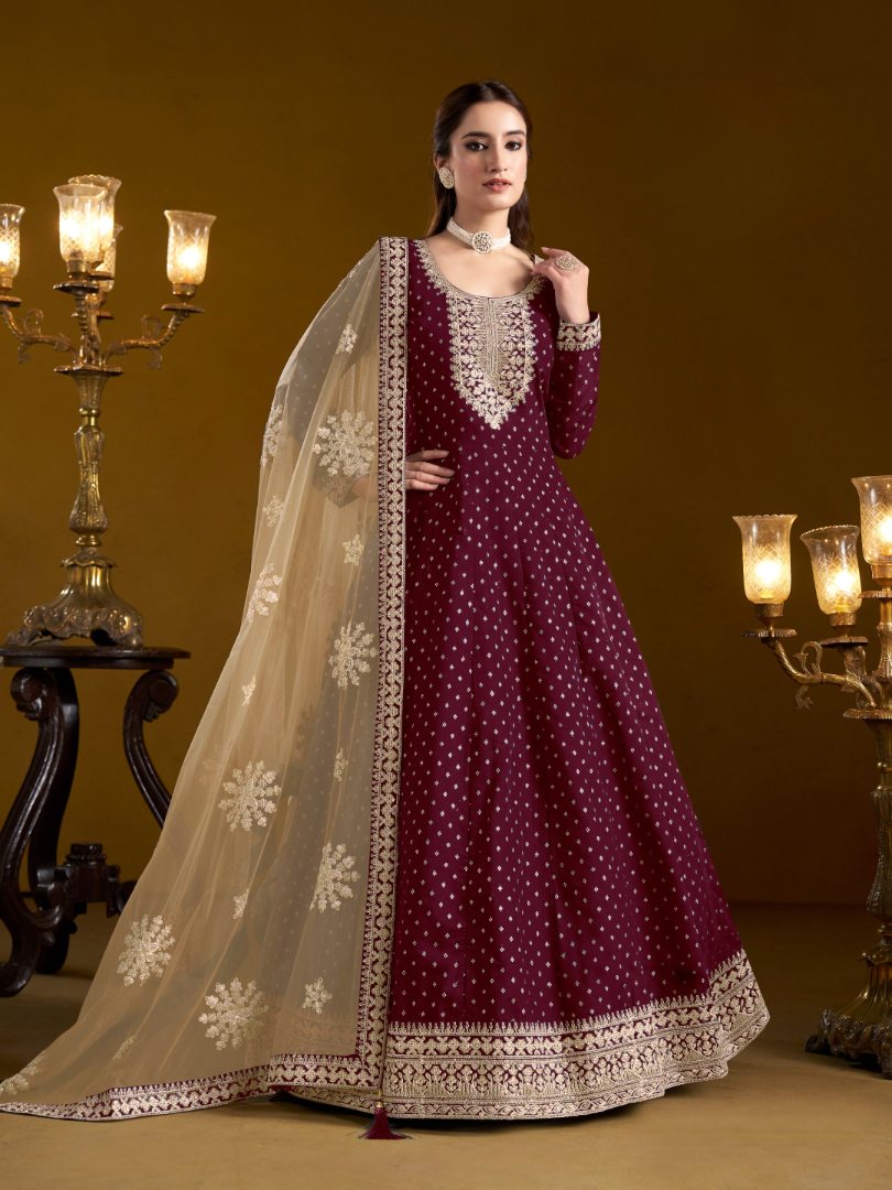 Purple Embroidered Jacquard Chanderi Semi Stitched Anarkali Suit