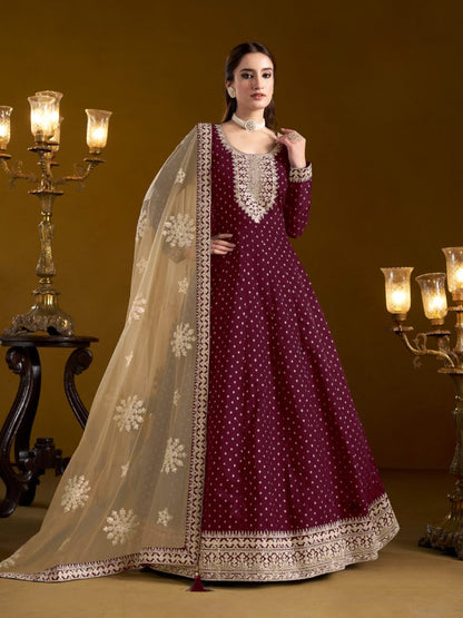 Purple Embroidered Jacquard Chanderi Semi Stitched Anarkali Suit