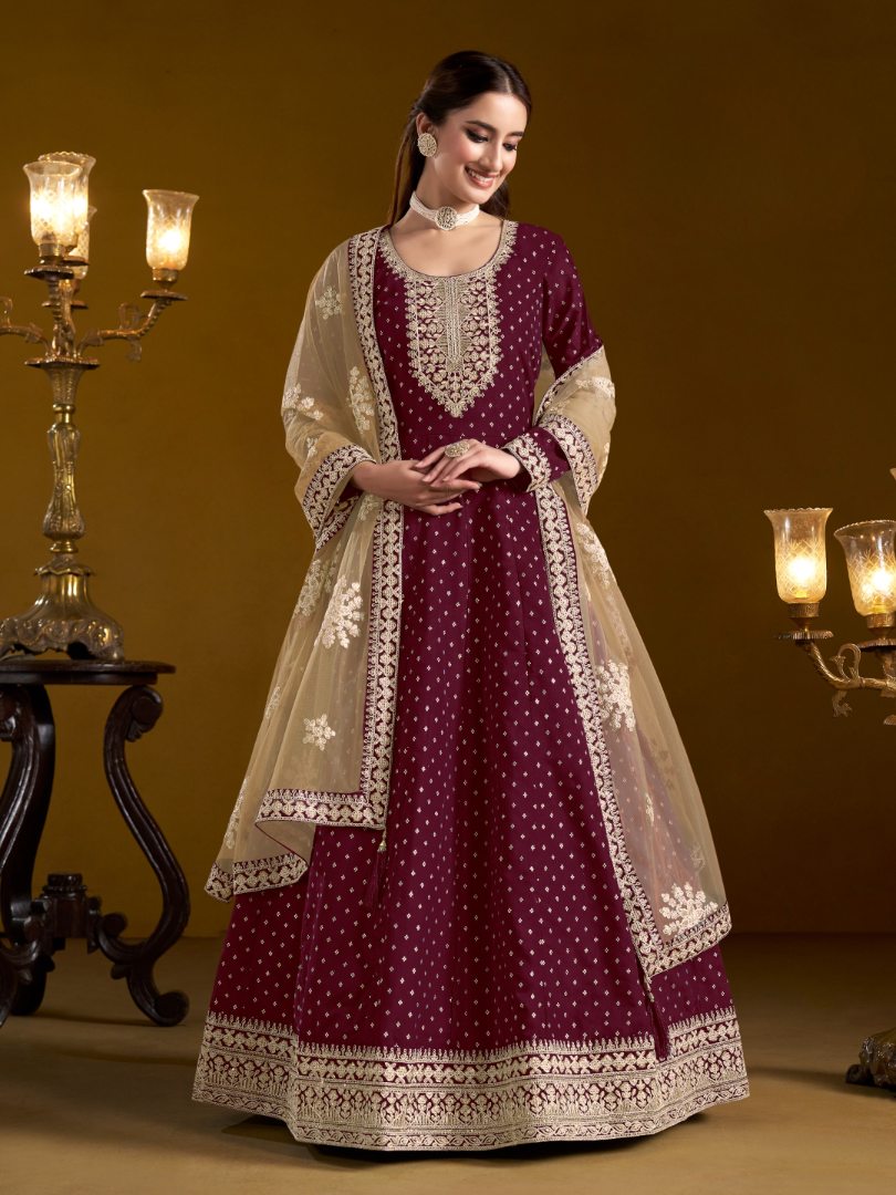 Purple Embroidered Jacquard Chanderi Semi Stitched Anarkali Suit