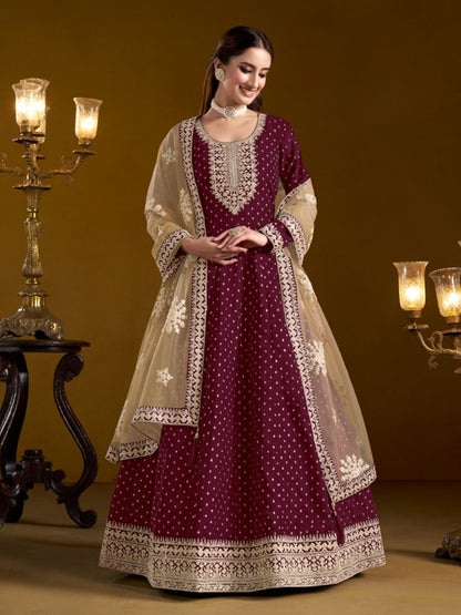 Purple Embroidered Jacquard Chanderi Semi Stitched Anarkali Suit