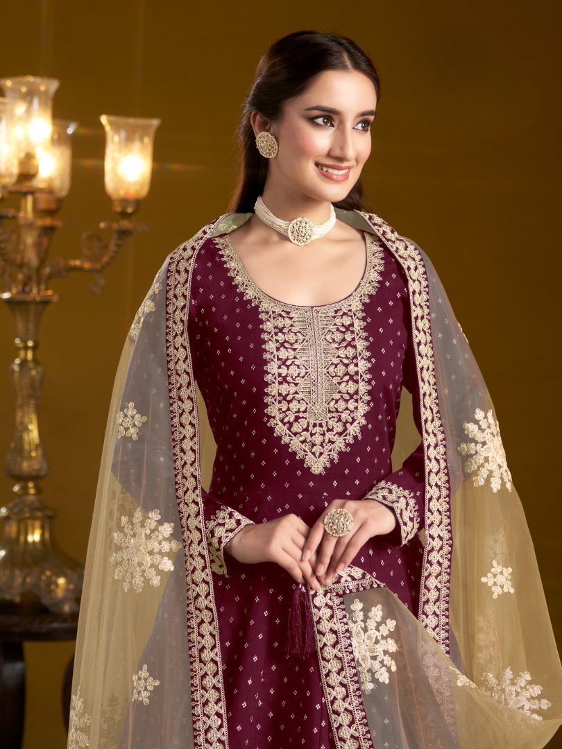 Purple Embroidered Jacquard Chanderi Semi Stitched Anarkali Suit