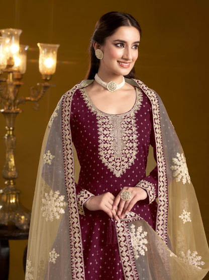 Purple Embroidered Jacquard Chanderi Semi Stitched Anarkali Suit