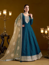 Teal Embroidered Jacquard Chanderi Semi Stitched Anarkali Suit