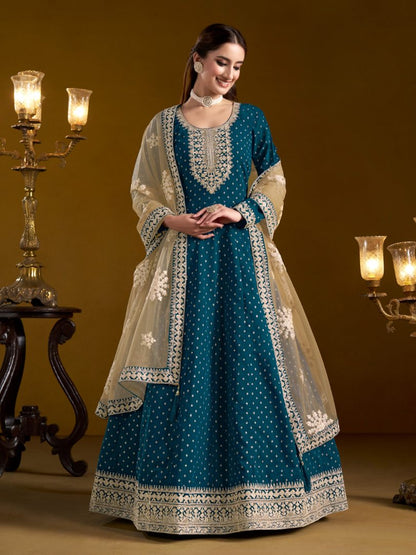 Teal Embroidered Jacquard Chanderi Semi Stitched Anarkali Suit