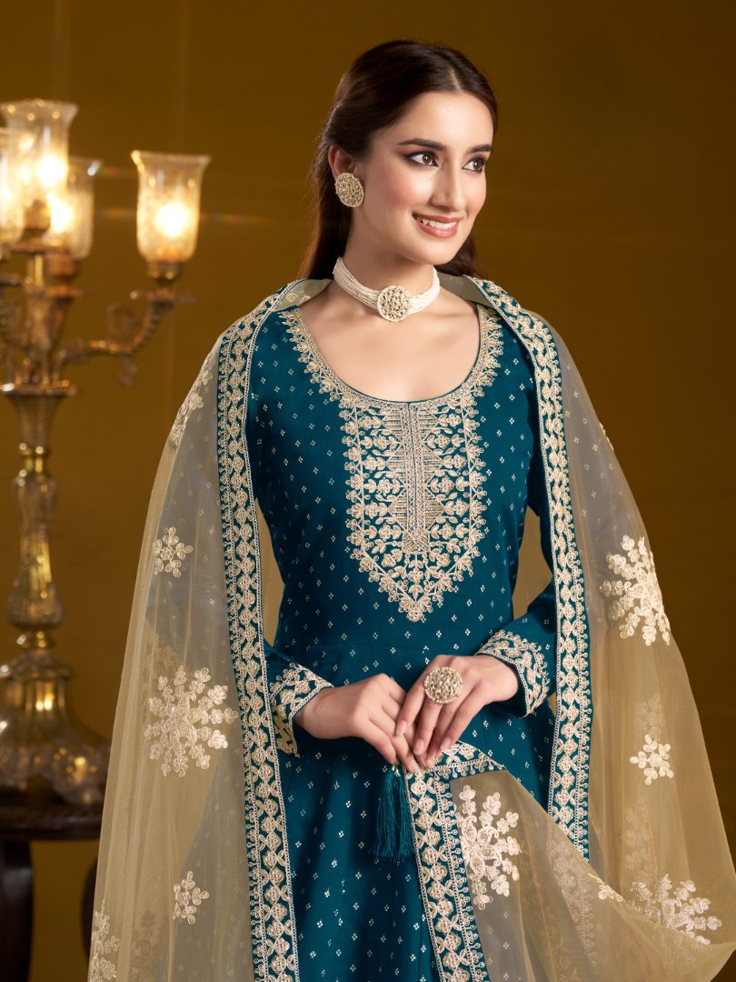 Teal Embroidered Jacquard Chanderi Semi Stitched Anarkali Suit