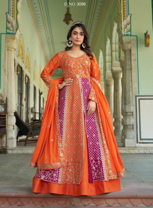 Orange Silk Semi Stitched Anarkali Suit with Embroidery & Sequins Work