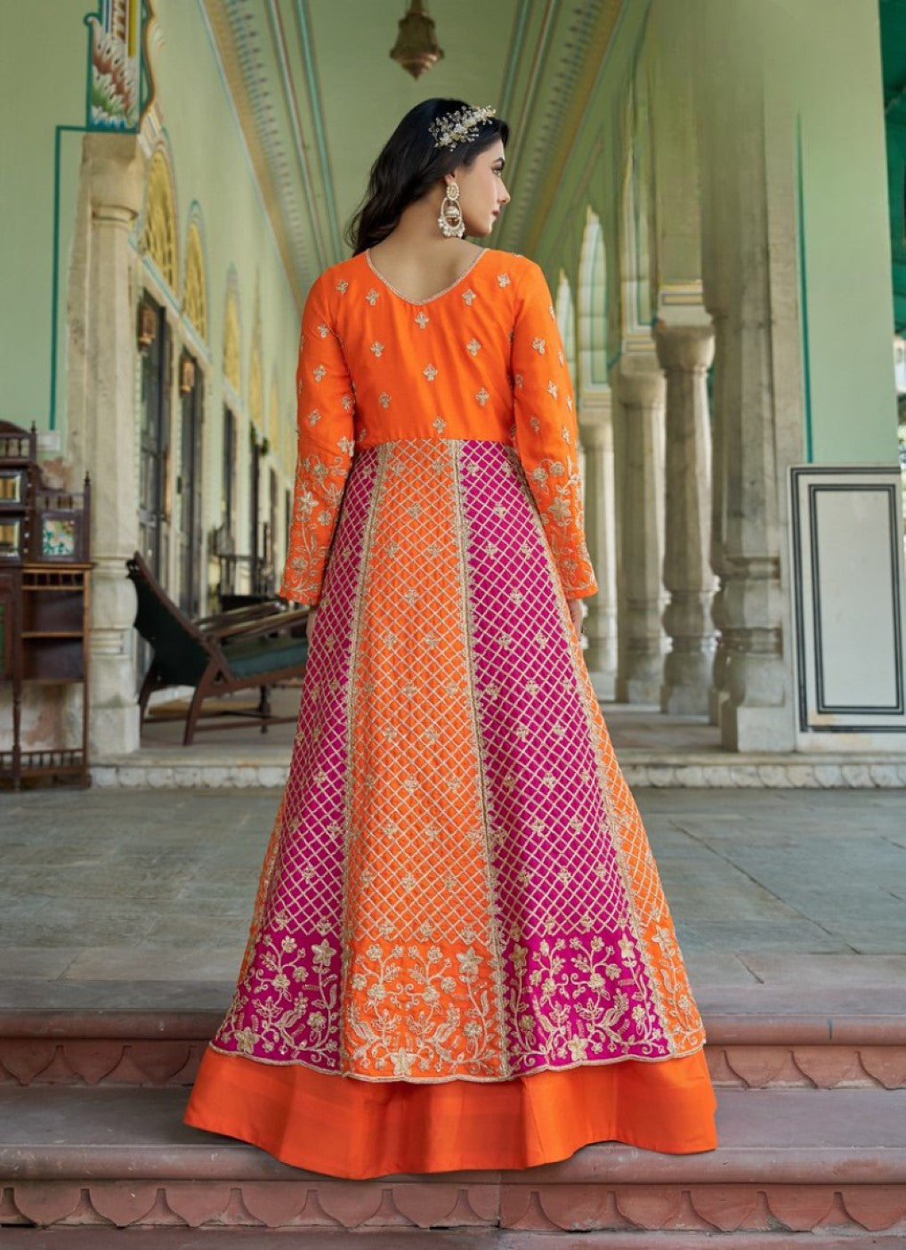 Orange Silk Semi Stitched Anarkali Suit with Embroidery & Sequins Work