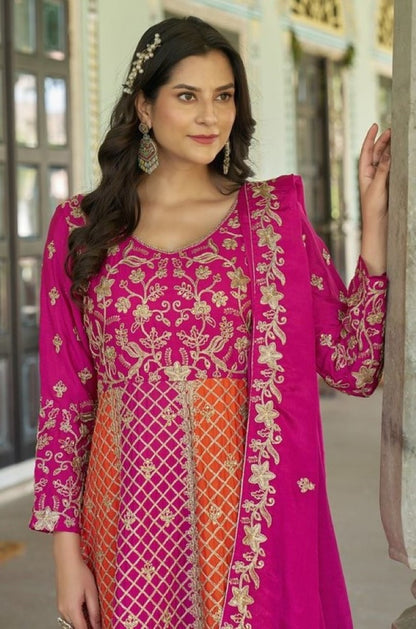 Magenta Silk Semi Stitched Anarkali Suit with Embroidery & Sequins Work