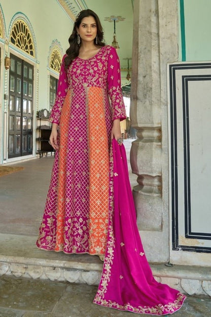 Magenta Silk Semi Stitched Anarkali Suit with Embroidery & Sequins Work