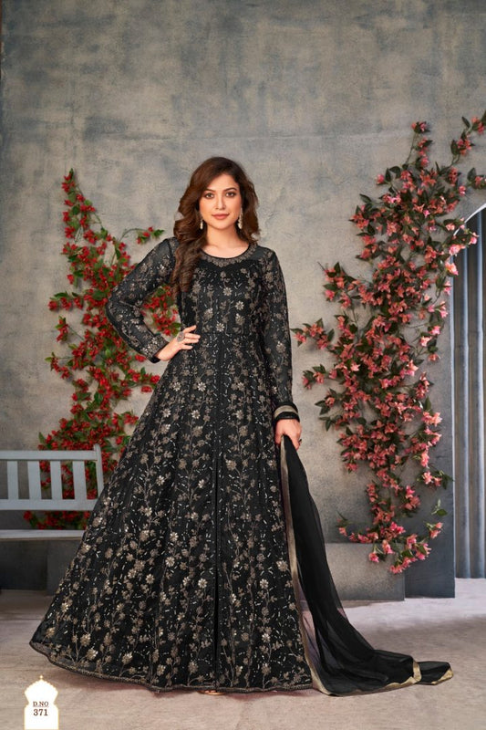 Black Embroidered Net Semi Stitched Anarkali suit 371
