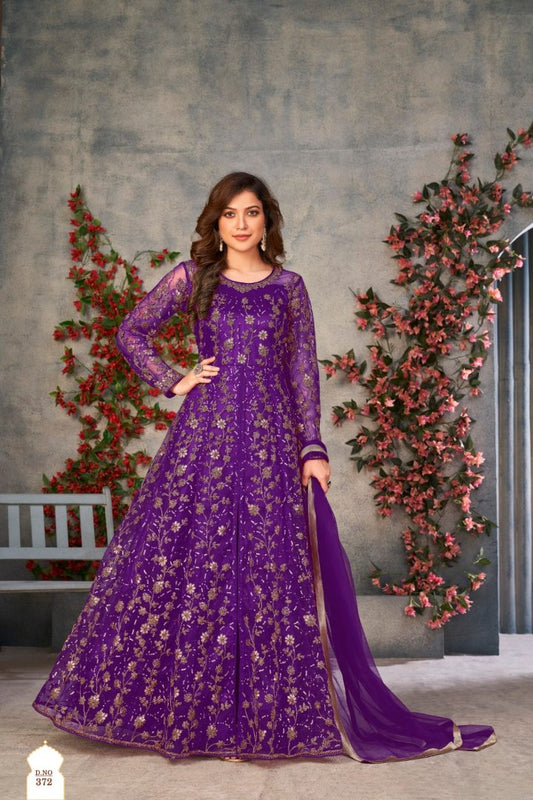 Purple Embroidered Net Semi Stitched Anarkali suit 372