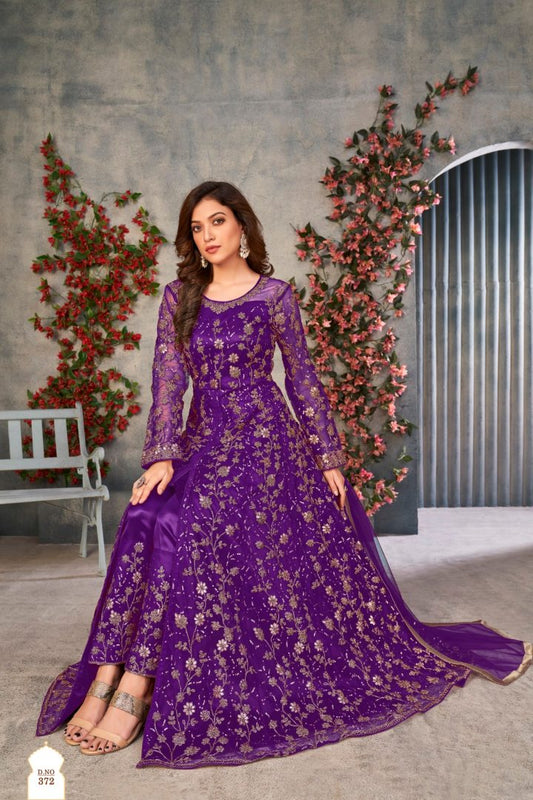 Purple Embroidered Net Semi Stitched Anarkali suit 372