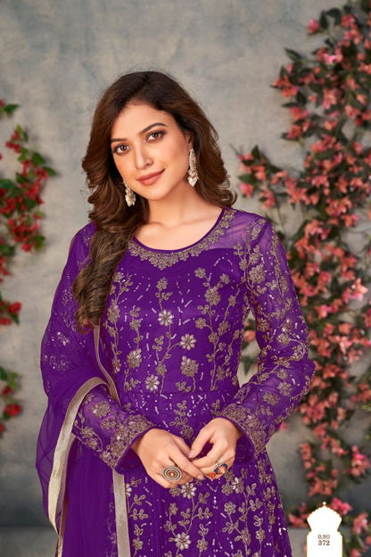 Purple Embroidered Net Semi Stitched Anarkali suit (B)