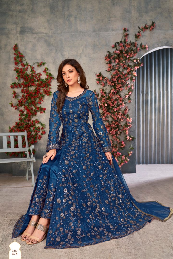 Blue Embroidered Net Semi Stitched Anarkali suit 373