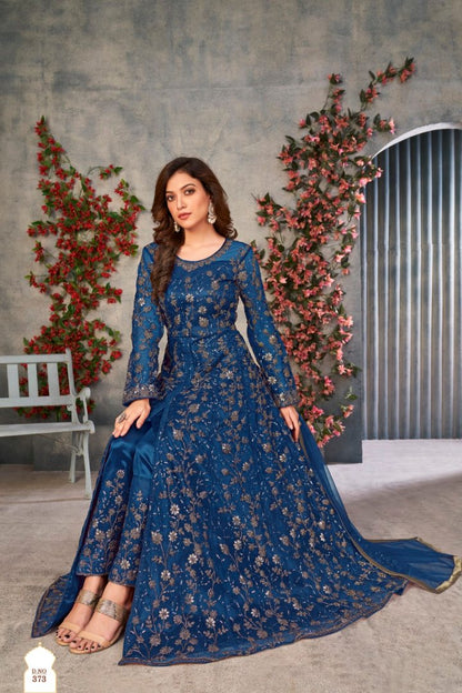 Blue Embroidered Net Semi Stitched Anarkali suit 373