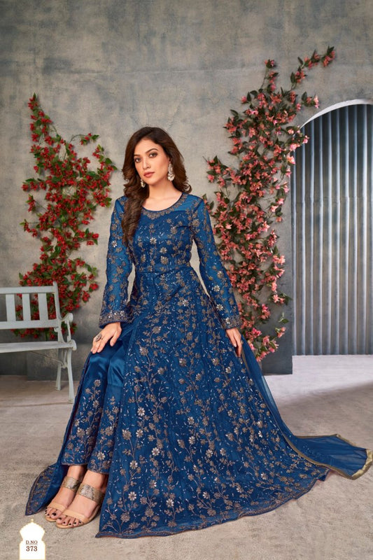 Blue Embroidered Net Semi Stitched Anarkali suit 373