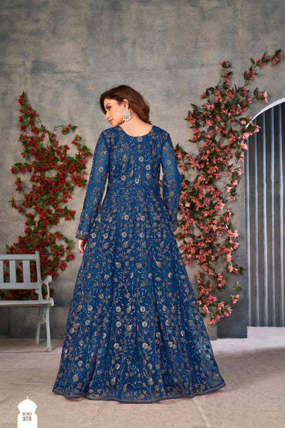 Blue Embroidered Net Semi Stitched Anarkali suit 373