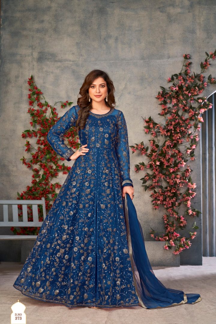 Blue Embroidered Net Semi Stitched Anarkali suit 373