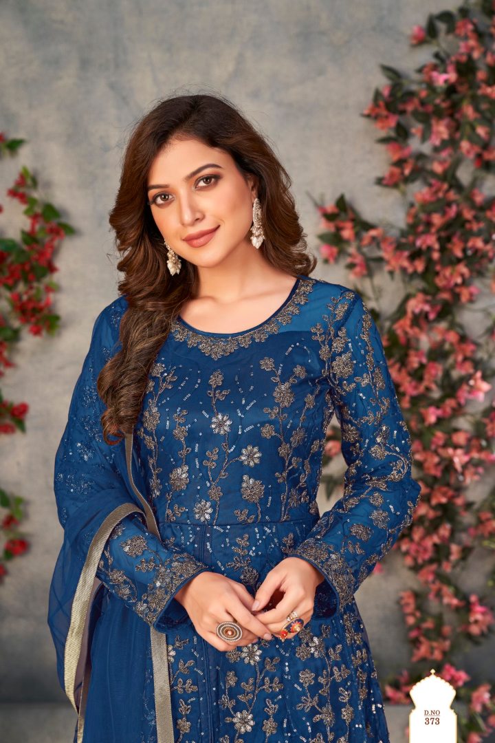 Blue Embroidered Net Semi Stitched Anarkali suit 373