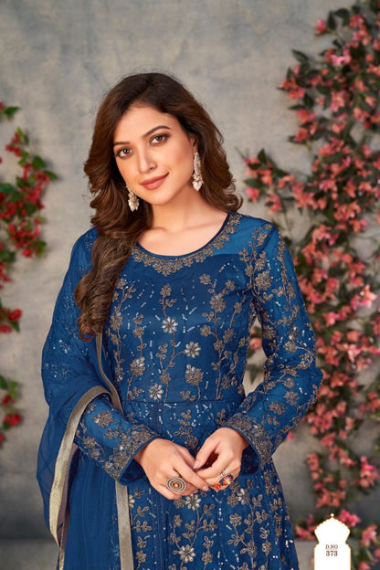 Blue Embroidered Net Semi Stitched Anarkali suit 373