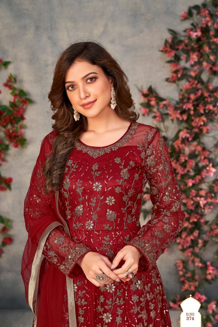 Maroon Embroidered Net Semi Stitched Anarkali suit (D)