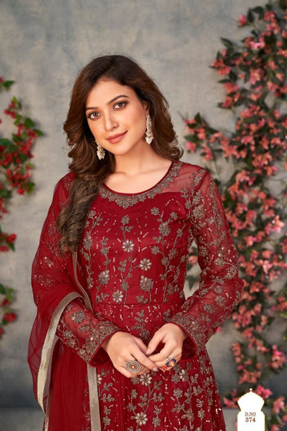 Maroon Embroidered Net Semi Stitched Anarkali suit (D)