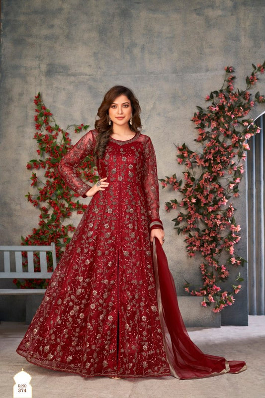 Maroon Embroidered Net Semi Stitched Anarkali suit 374