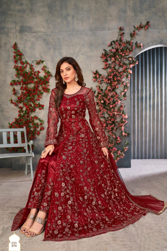 Maroon Embroidered Net Semi Stitched Anarkali suit 374