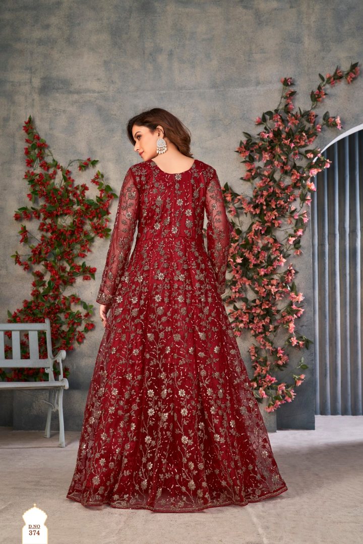 Maroon Embroidered Net Semi Stitched Anarkali suit (D)