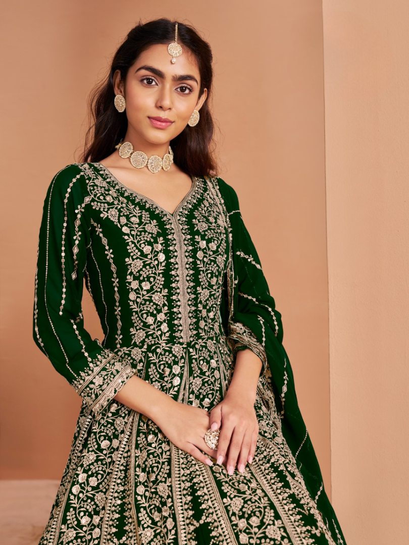 Dark Green Georgette Embroidered Semi Stitched Salwar Suit