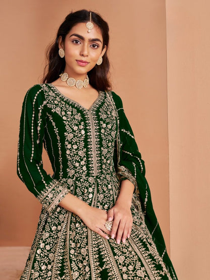 Dark Green Georgette Embroidered Semi Stitched Salwar Suit