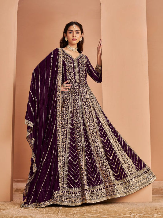 Purple Georgette Embroidered Semi Stitched Salwar Suit