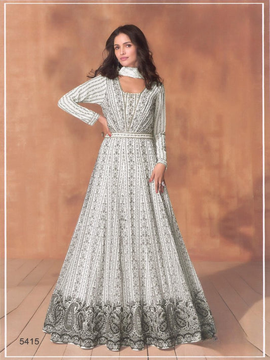 White Georgette Readymade Anarkali Suit with Sequence Work