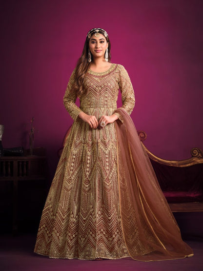 Orange Embroidered Net Semi Stitched Anarkali Suit