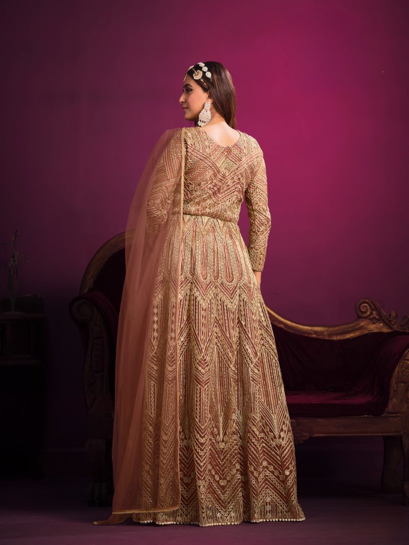 Orange Embroidered Net Semi Stitched Anarkali Suit