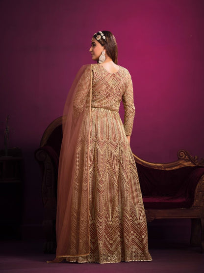 Orange Embroidered Net Semi Stitched Anarkali Suit