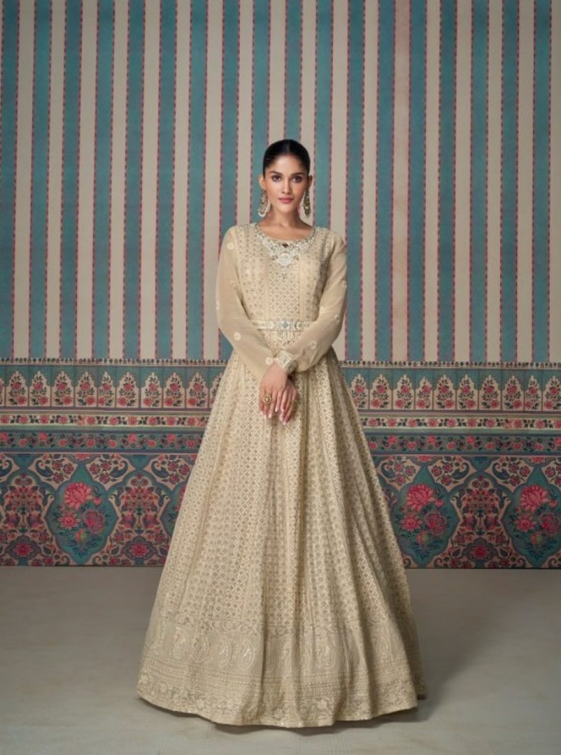 Cream Real Gerogette Silk Chikankari Sequence Readymade Salwar Suit (Free Size)