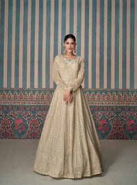 Cream Real Gerogette Silk Chikankari Sequence Readymade Salwar Suit (Free Size)