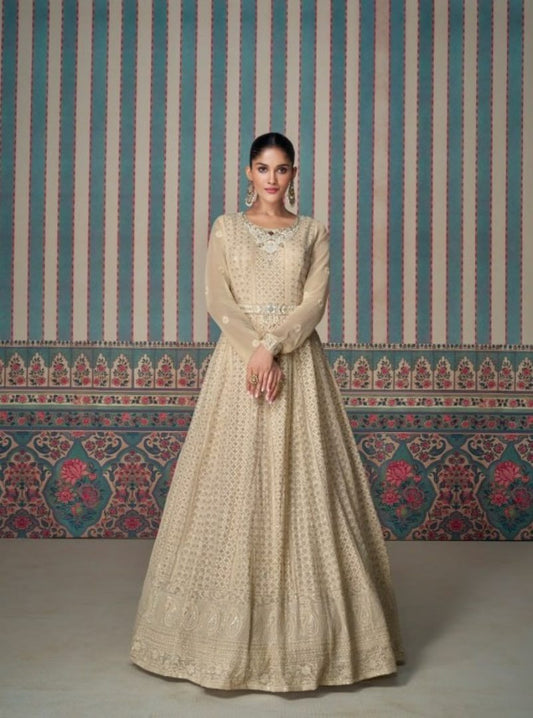 Cream Real Gerogette Silk Chikankari Sequence Readymade Salwar Suit (Free Size)
