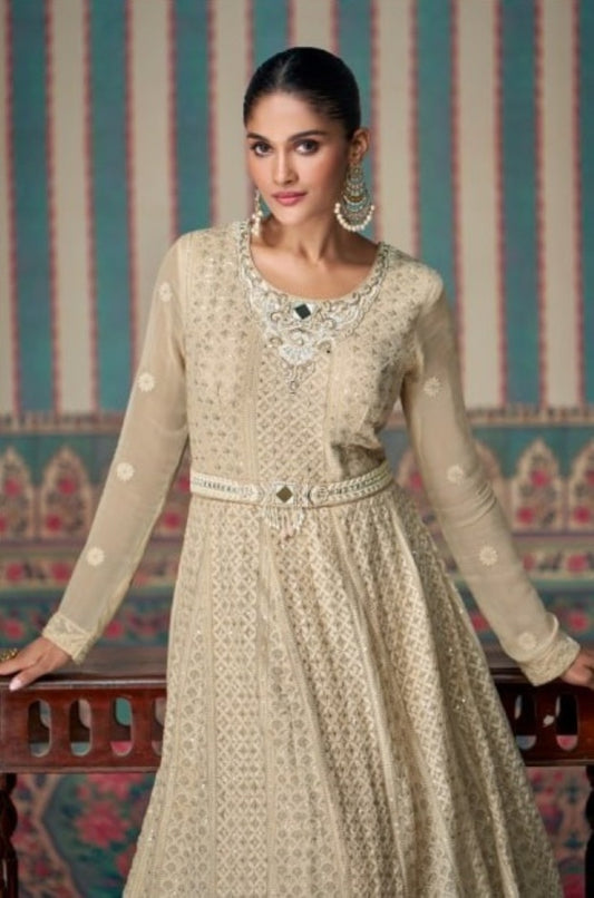 Cream Real Gerogette Silk Chikankari Sequence Readymade Salwar Suit (Free Size)