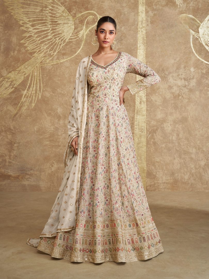 White Real Gerogette Sequence Embroidered Anarkali Salwar Suit (Free Size)