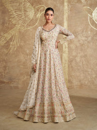 White Real Gerogette Sequence Embroidered Anarkali Salwar Suit (Free Size)