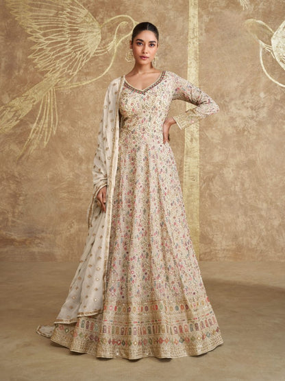 White Real Gerogette Sequence Embroidered Anarkali Salwar Suit (Free Size)