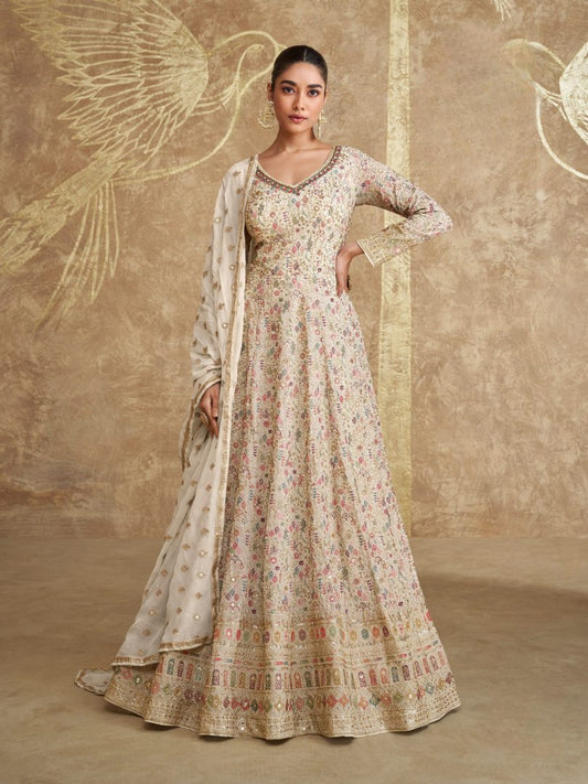 White Real Gerogette Sequence Embroidered Anarkali Salwar Suit (Free Size)