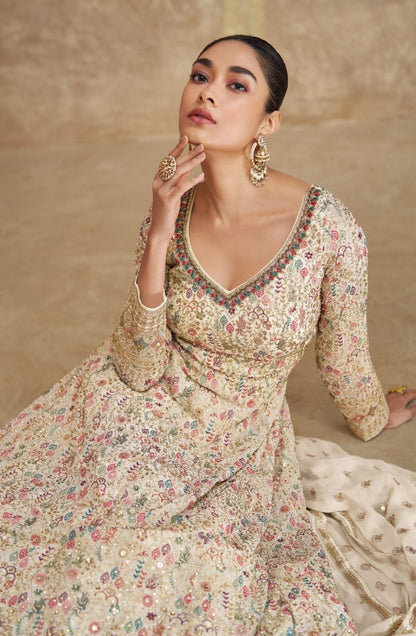 White Real Gerogette Sequence Embroidered Anarkali Salwar Suit (Free Size)