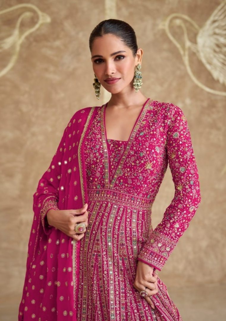Pink Real Gerogette Sequence Embroidered Anarkali Salwar Suit
