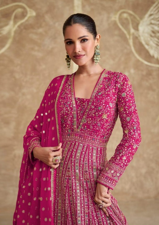 Pink Real Gerogette Sequence Embroidered Anarkali Salwar Suit
