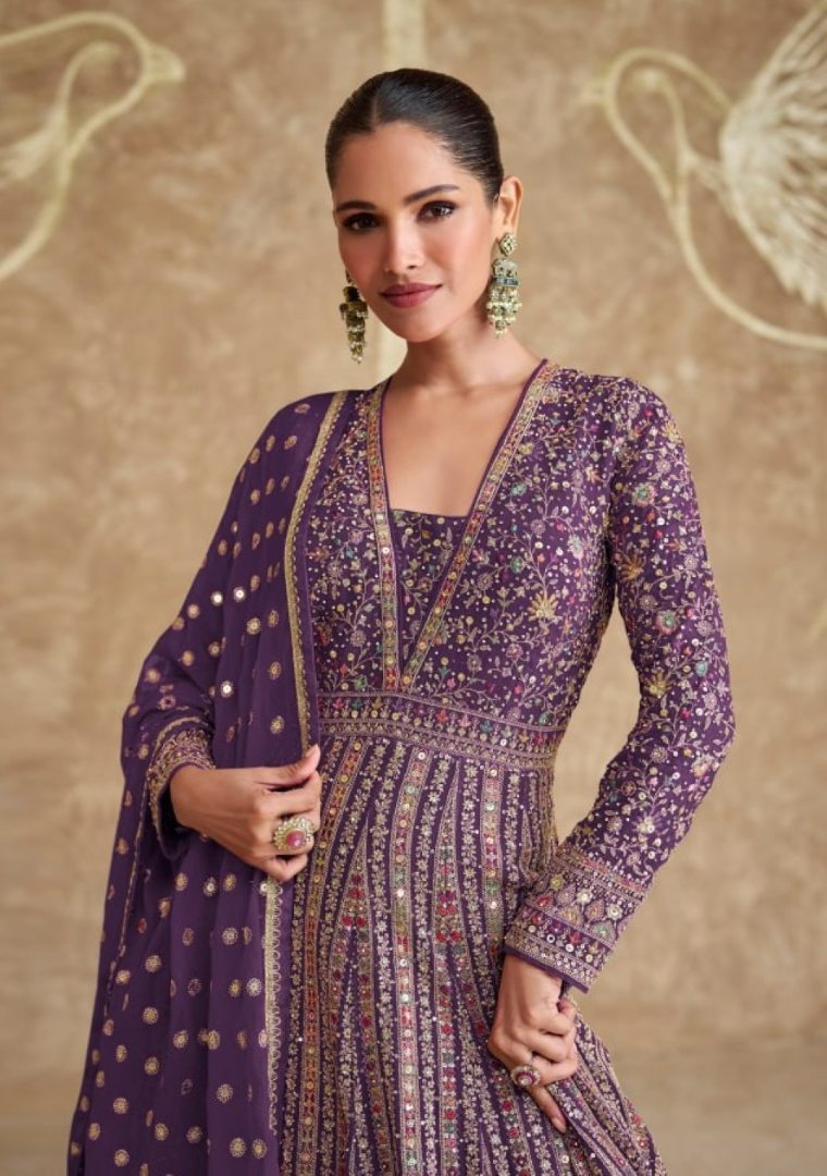 Lavender Real Gerogette Sequence Embroidered Anarkali Salwar Suit