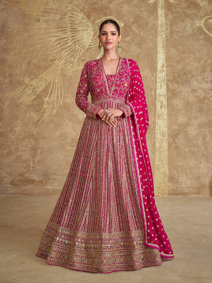 Pink Real Gerogette Sequence Embroidered Anarkali Salwar Suit (Free Size)