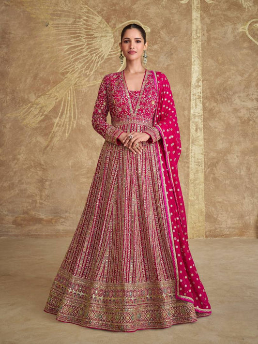 Pink Real Gerogette Sequence Embroidered Anarkali Salwar Suit (Free Size)